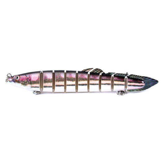 Multi-segment fake fish bait lure, pink-silver body with black stripes