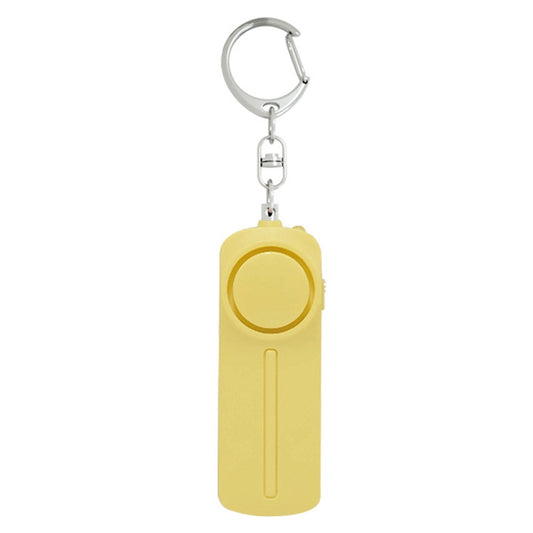 Yellow personal alarm keychain with pull ring, circular button, and metal clasp