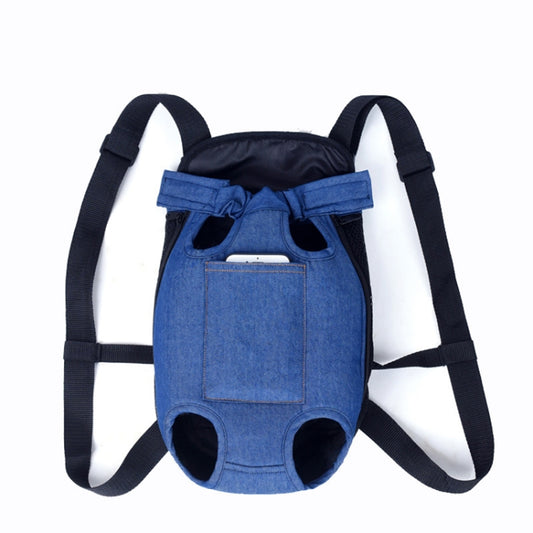 Blue denim pet chest backpack carrier with black shoulder straps and leg openings