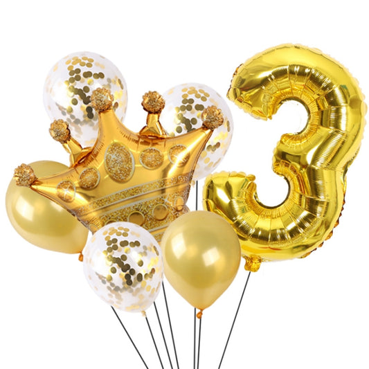 Gold crown balloon set with foil number 3 and confetti balloons
