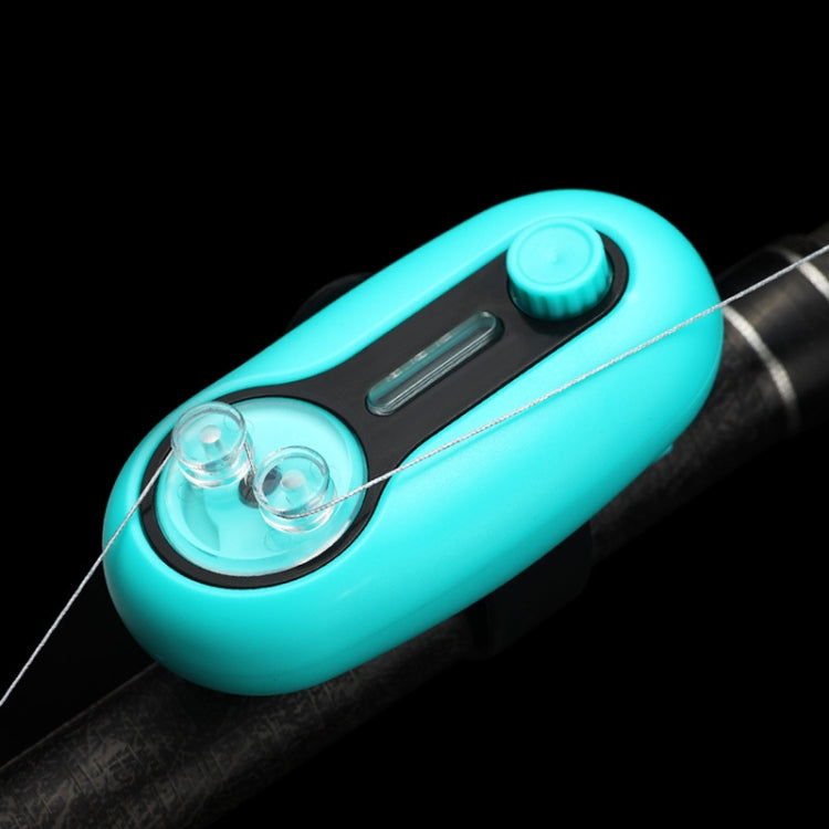 Turquoise electronic fishing bite alarm with clear sensor window and black control bar