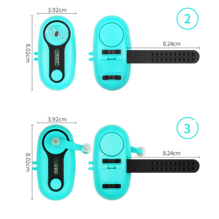 Turquoise fishing bite alarm with black arm and rod clip, shown with size labels