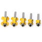 Five semicircular router cutter bits with yellow blades and metal shanks
