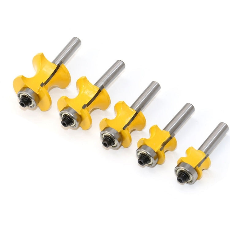 Five yellow semicircular woodworking router bits with bearing mounts and silver shafts