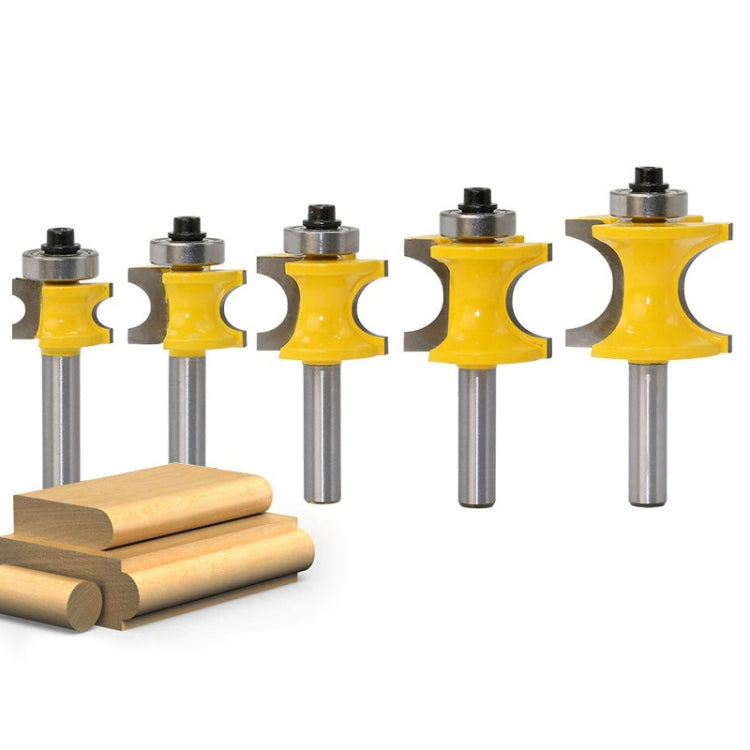 Semicircular router cutter set with yellow heads, silver shanks, and wooden blocks