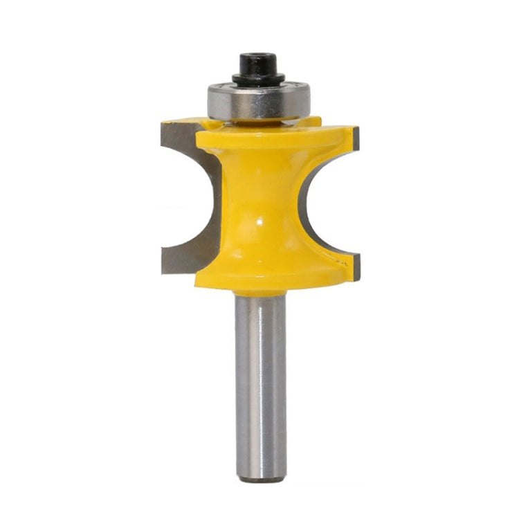 Yellow semicircular router cutter with bearing collar and straight metal shank