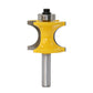 Yellow woodworking router bit, semicircular cutter profile on metal shank