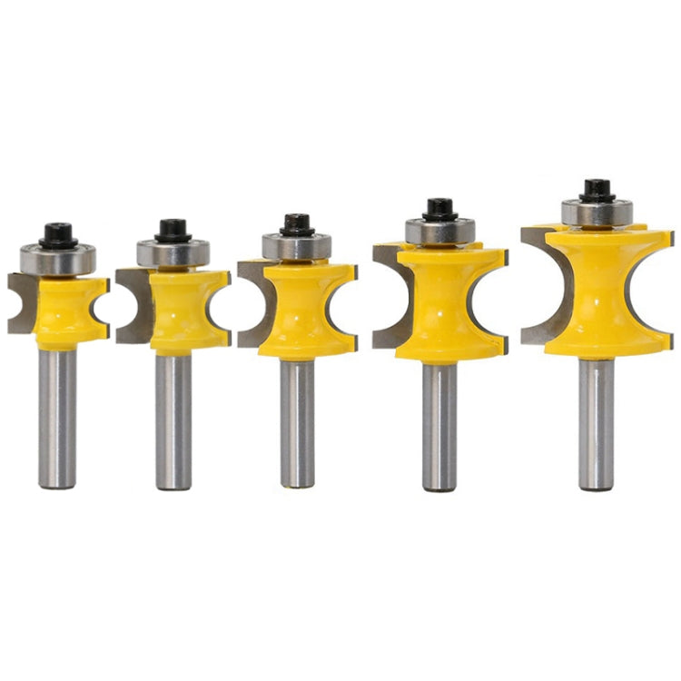Set of five yellow semicircular router cutter bits with silver metal shanks
