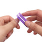 Purple square EVA sponge nail file held between fingers, textured sanding surface