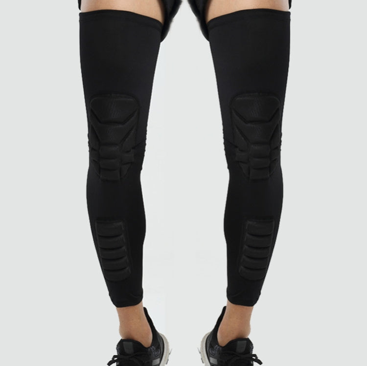 Pair of extended sports knee pads in black, with molded knee and shin guards.
