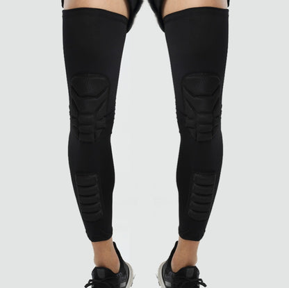 Pair of extended sports knee pads in black, with molded knee and shin guards.