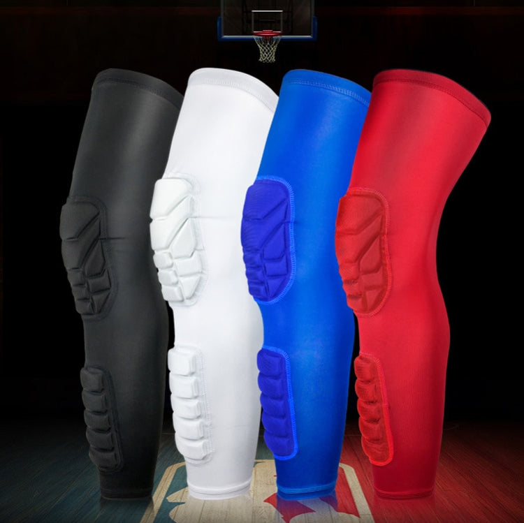 Sports knee and calf sleeves with molded knee protectors, colors black white blue red