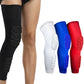 Knee and calf compression sleeves with molded knee pads, worn with black shorts, white blue red