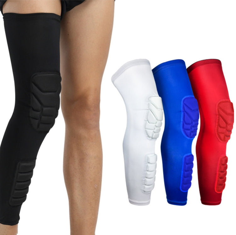 Knee and calf compression sleeves with molded knee pads, worn with black shorts, white blue red