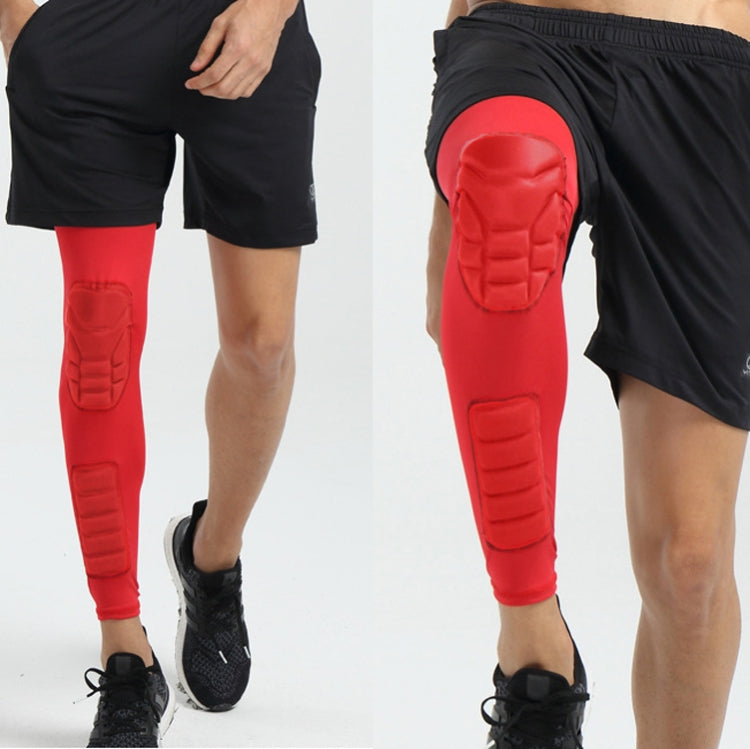 Pair knee and calf sleeves with molded knee pads, red with black shorts