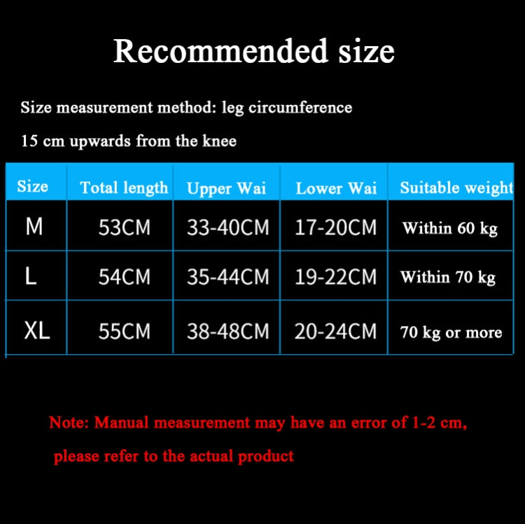 Sports knee pad size chart with M, L, XL and leg circumference measurements