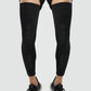 Pair of extended sports knee pads in black, covering thigh to calf with armor inserts.