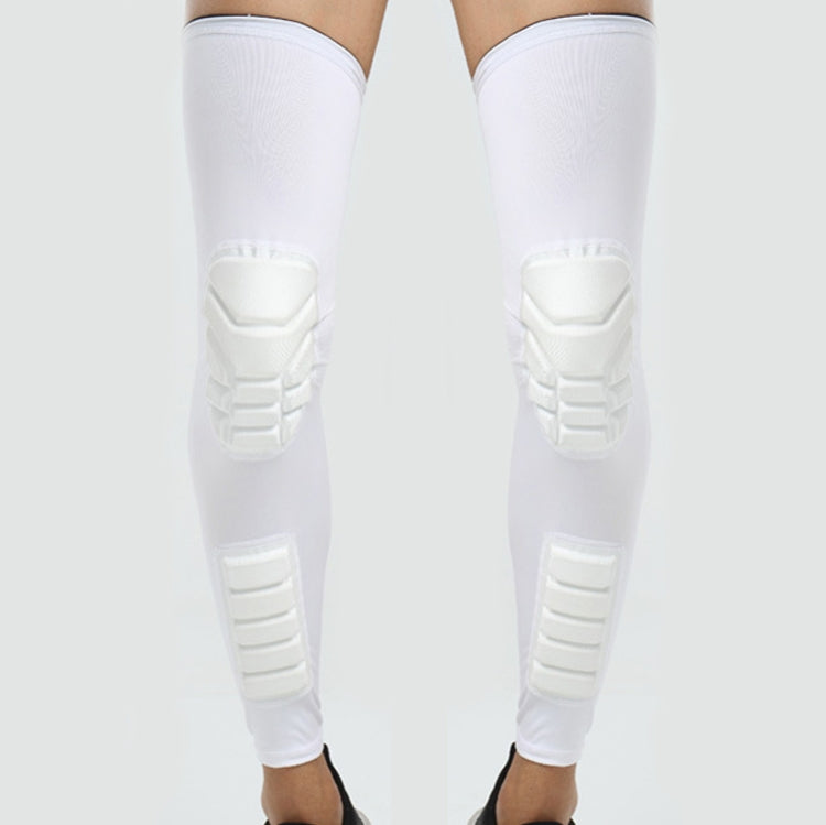 Pair of extended sports knee pads in white, thigh-to-calf coverage with padded armor panels.