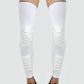 Pair of extended sports knee pads in white, molded knee and lower shin protection.
