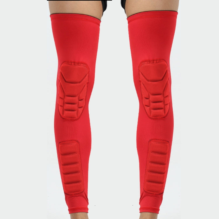 Pair of extended sports knee pads in red, featuring molded knee and lower shin armor.