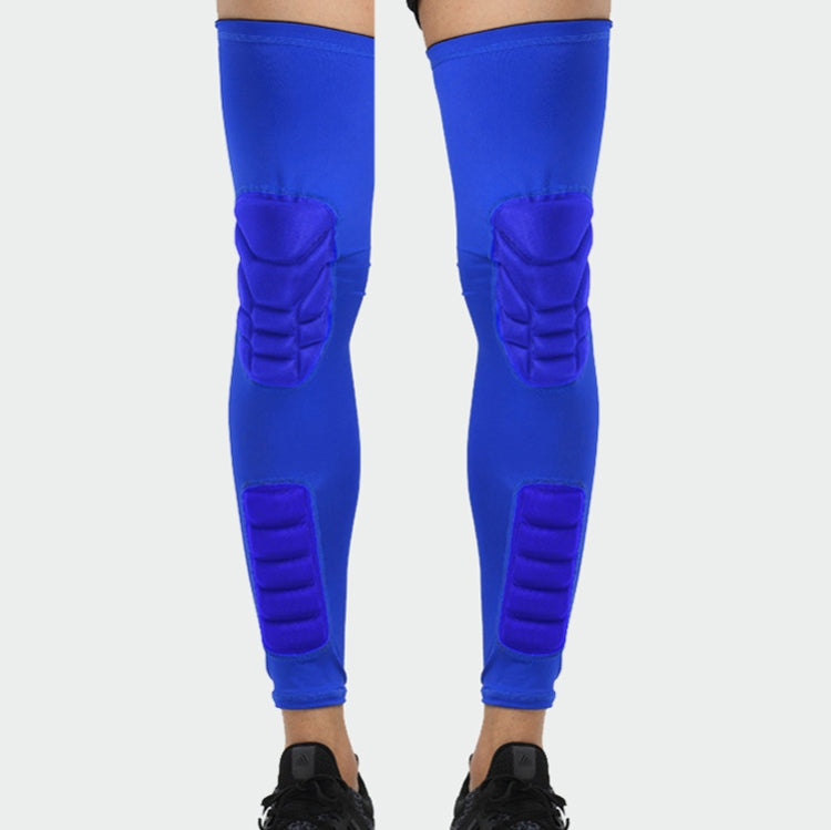 Pair of extended sports knee pads in blue, with molded knee and shin guards.