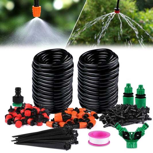 DIY drip irrigation kit components: black coiled tubing, drippers, green connectors, orange tips