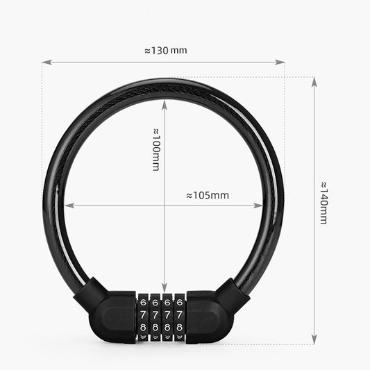 Black bicycle ring cable lock with four-digit combination dial, size view