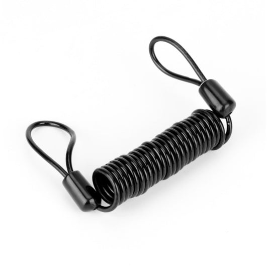 Black spring wire rope with two loop ends and end caps for bike or helmet use