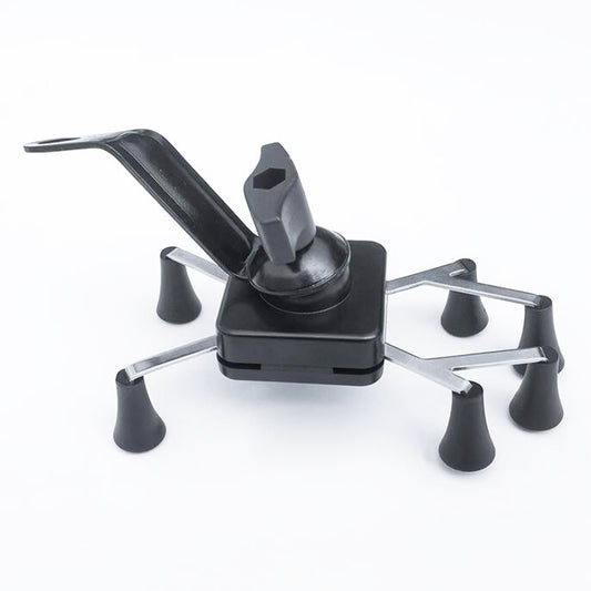 Six-claw phone mount with central base, metal arms, and six round grip feet