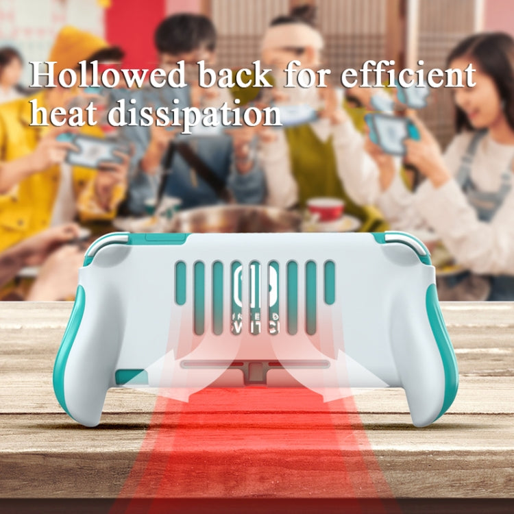 Teal and white grip cover case, back side with vent openings for heat dissipation