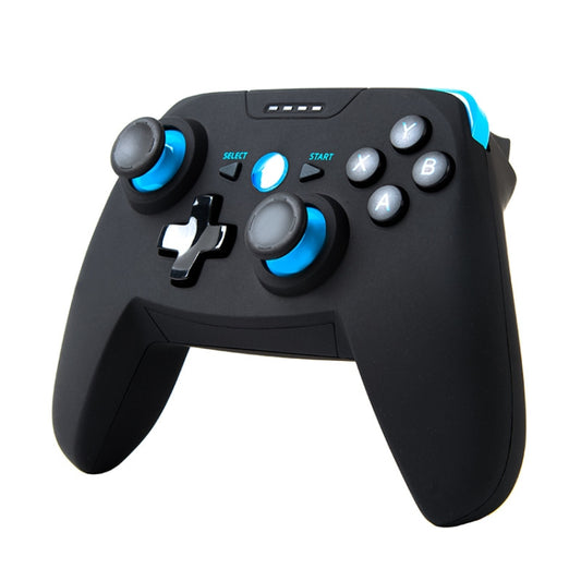 Black wireless game controller with blue-lit thumbsticks and buttons