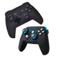 Black wireless game controller with blue accents, showing front and rear views