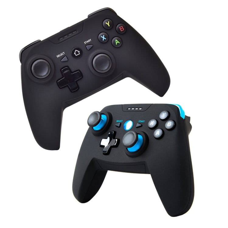 Black wireless game controller with blue accents, showing front and rear views