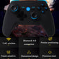 Black wireless game controller with blue-lit controls and glossy front panel