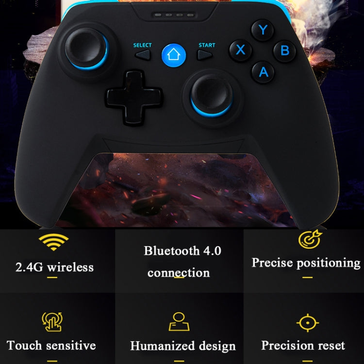 Black wireless game controller with blue-lit controls and glossy front panel