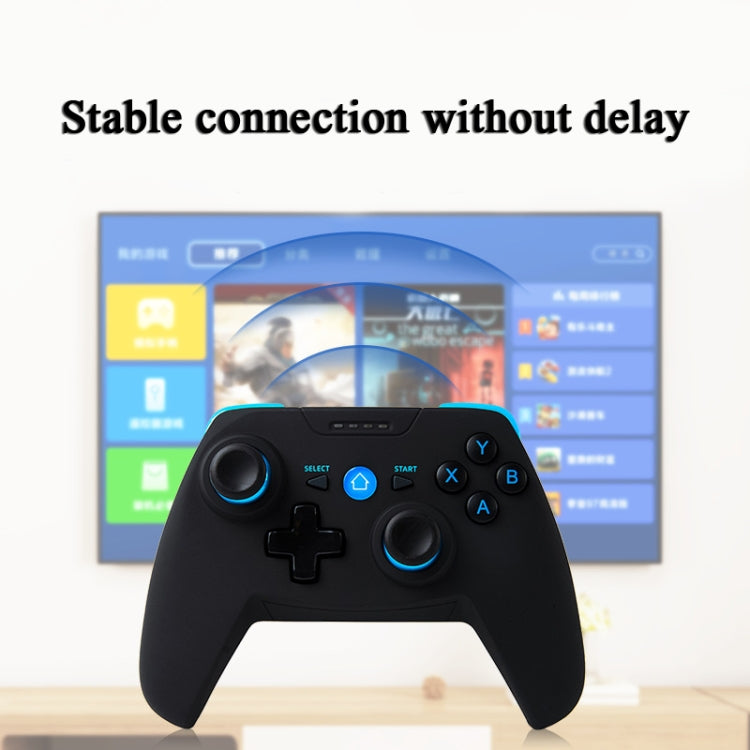Black wireless game controller with blue accents in front of a stable connection screen