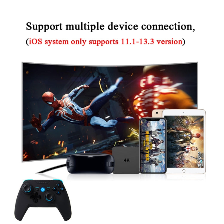 Wireless game controller with phone mount, black body with blue accents