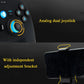 Close-up of black wireless game controller with blue analog stick and phone bracket