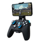 Black wireless game controller with blue accents and phone mount