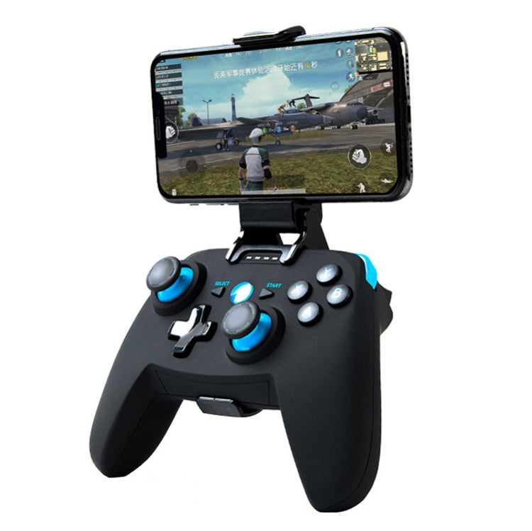 Black wireless game controller with blue accents and phone mount