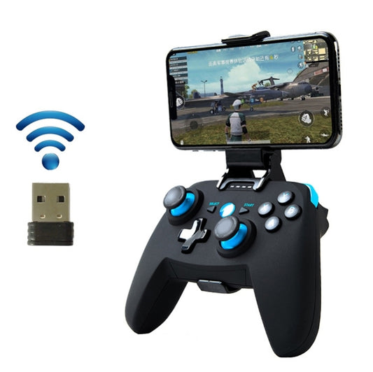 Black wireless game controller with blue accents, USB receiver, and signal icon