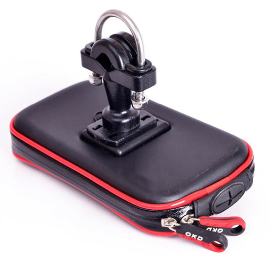 Motorcycle phone bag with bracket base and red-trim edge, black waterproof housing