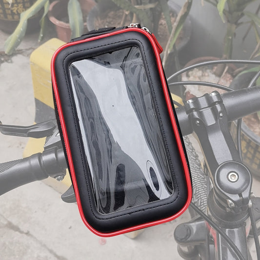 Waterproof phone touch-screen bag with clear window, black with red trim and mounting bracket