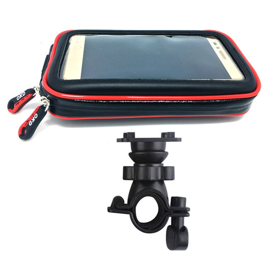 Waterproof touch screen phone bag with clear front window, red trim, and handlebar clamp