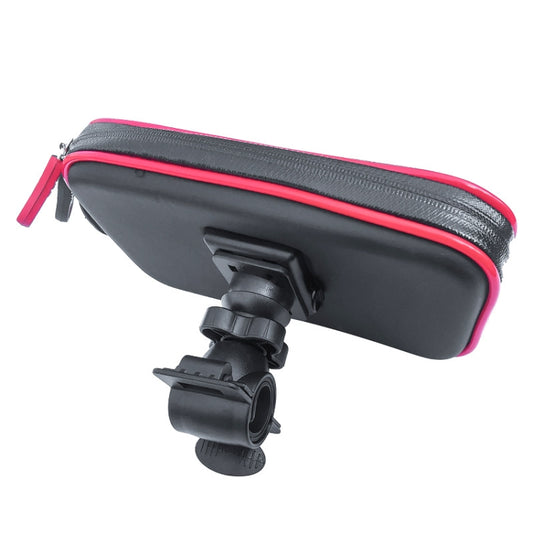 Waterproof phone bag with red zipper edge and handlebar bracket attached