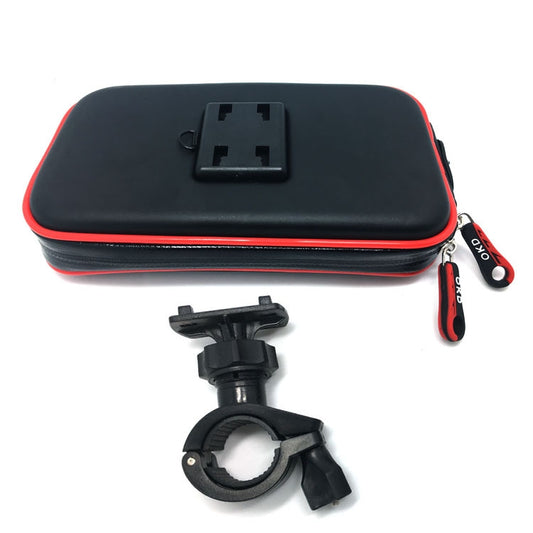 Waterproof bicycle mobile phone bag with red-trim black case and handlebar mounting clamp
