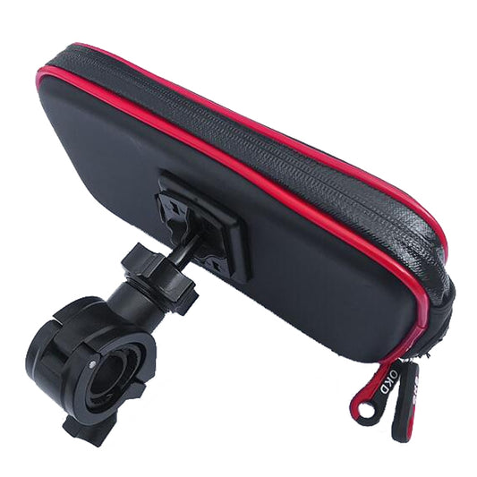 Black zip-top bicycle phone holder bag with red piping and adjustable mount base