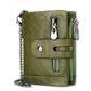 Green leather tri-fold wallet with chain strap, front buckle tab, and zipper compartment