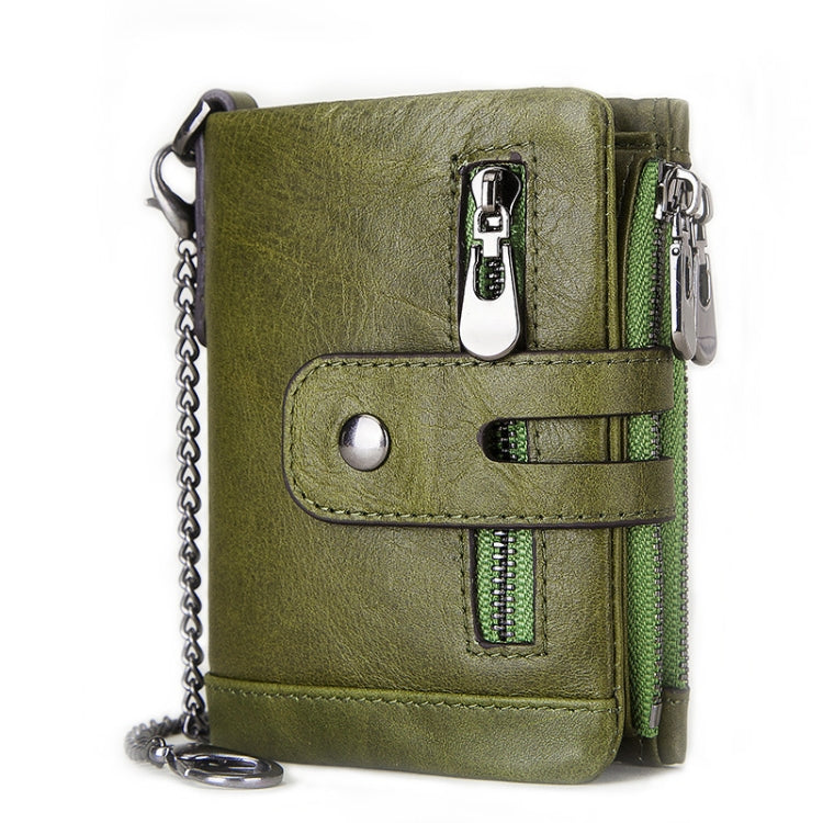 Green leather tri-fold wallet with chain strap, front buckle tab, and zipper compartment