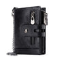 Black tri-fold leather wallet with chain strap, front belt tab, and front zipper pocket